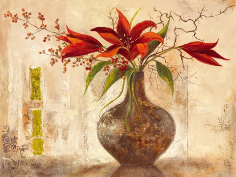 Red Lilies Black Ornate Wood Framed Art Print with Double Matting by Field, Anna