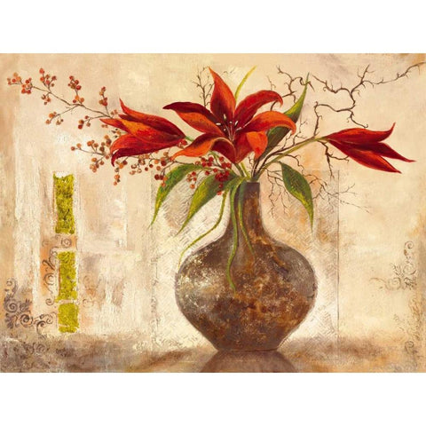 Red Lilies Black Modern Wood Framed Art Print by Field, Anna