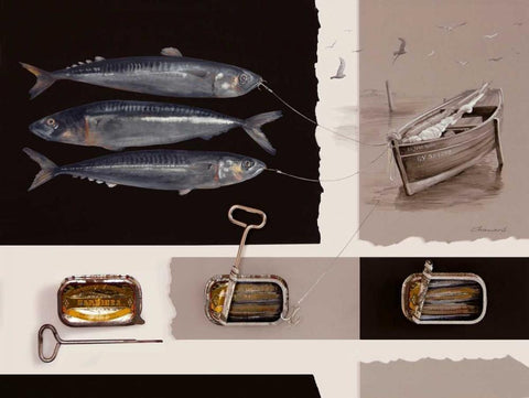 Mise En Boite Dune Sardine White Modern Wood Framed Art Print with Double Matting by Chamard, Jean-Marc