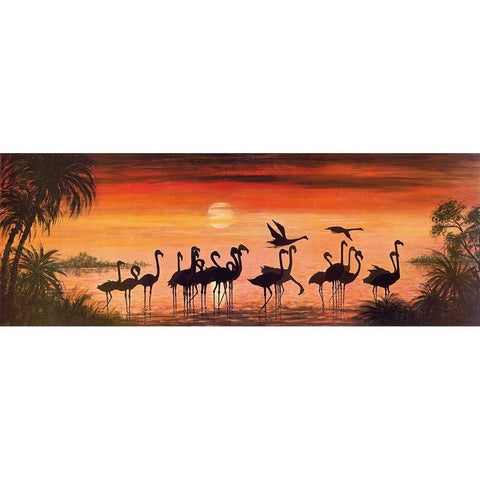 FLAMINGOS IN THE SUNSET Black Modern Wood Framed Art Print with Double Matting by Werner