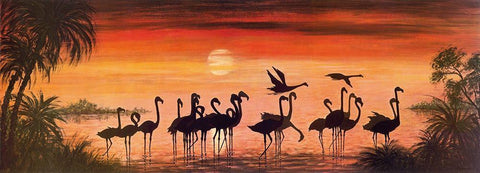 FLAMINGOS IN THE SUNSET Black Ornate Wood Framed Art Print with Double Matting by Werner