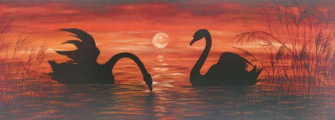 SWANS IN THE SUNSET Black Ornate Wood Framed Art Print with Double Matting by Werner