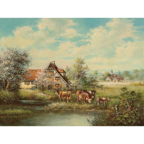 COWS BY THE RIVER Black Modern Wood Framed Art Print with Double Matting by Pila