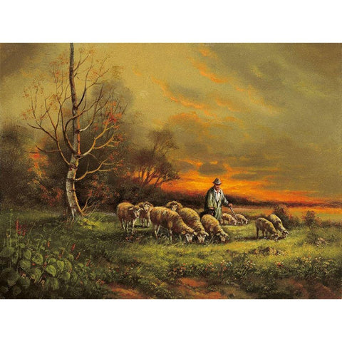 SHEEP SUNSET Black Modern Wood Framed Art Print with Double Matting by Pila