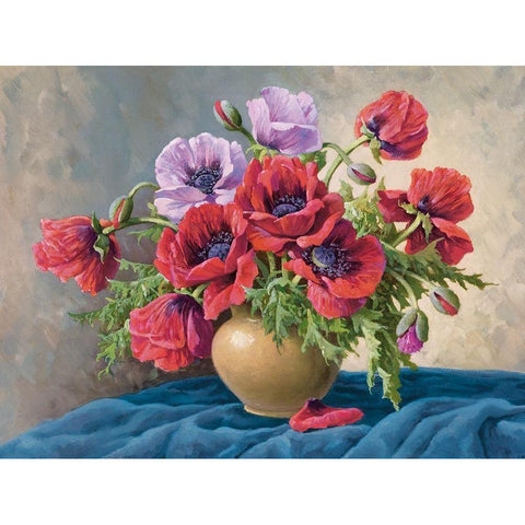 RED POPPIES ON BLUE CLOTH Gold Ornate Wood Framed Art Print with Double Matting by Krueger, E.