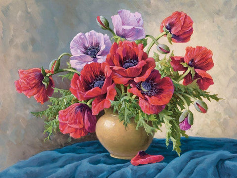 RED POPPIES ON BLUE CLOTH White Modern Wood Framed Art Print with Double Matting by Krueger, E.