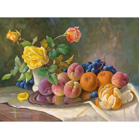 YELLOW ROSE AND FRUITS White Modern Wood Framed Art Print by Krueger, E.