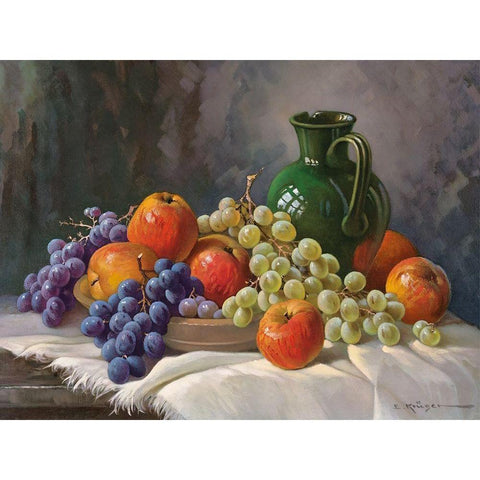 APPLES AND GRAPES Gold Ornate Wood Framed Art Print with Double Matting by Krueger, E.