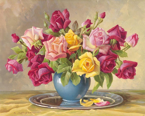 ROSES IN A BLUE VASE White Modern Wood Framed Art Print with Double Matting by Krueger, E.