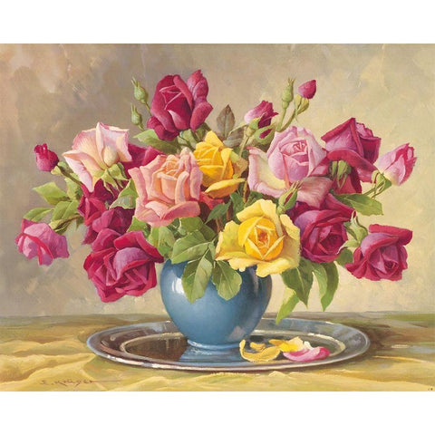 ROSES IN A BLUE VASE Gold Ornate Wood Framed Art Print with Double Matting by Krueger, E.