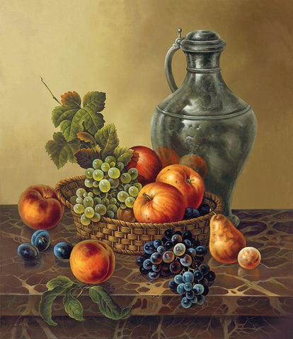 LATE AUTUMN FRUIT BASKET Black Ornate Wood Framed Art Print with Double Matting by Pila