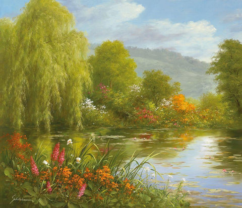 QUIET LAGOON Black Ornate Wood Framed Art Print with Double Matting by Schoelnhammer, Heinz