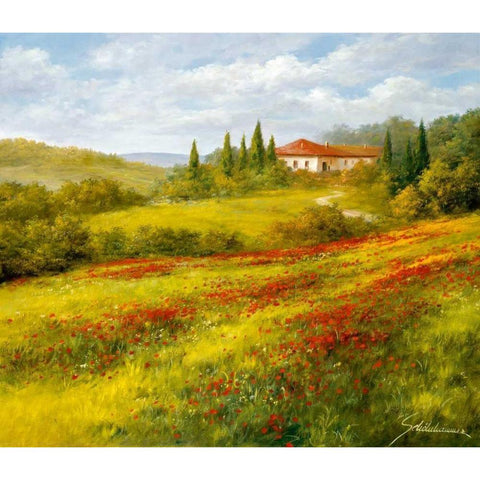 Landscape With Poppies I Black Modern Wood Framed Art Print by Schoelnhammer, Heinz