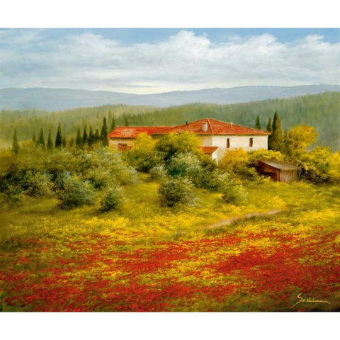 Landscape With Poppies II Black Modern Wood Framed Art Print by Schoelnhammer, Heinz