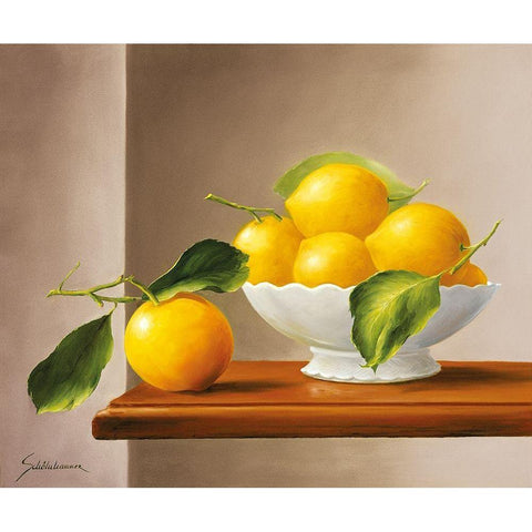 LEMONS WITH GREEN Black Modern Wood Framed Art Print with Double Matting by Schoelnhammer, Heinz