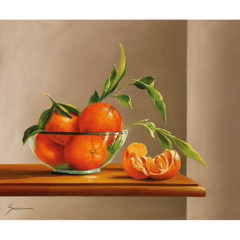 TANGERINES WITH GREEN Black Modern Wood Framed Art Print by Schoelnhammer, Heinz