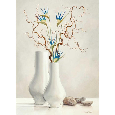 Willow Twigs With Blue Flowers White Modern Wood Framed Art Print by van der Valk, Karin