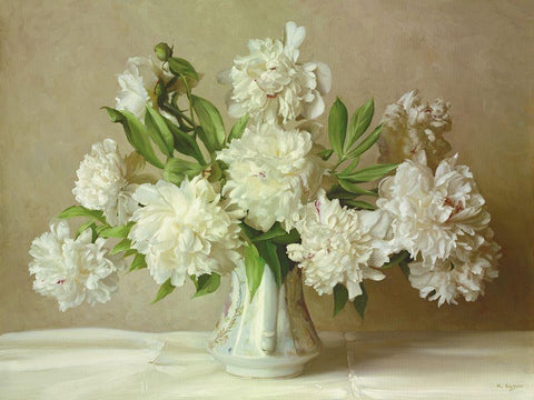 WHITE PEONIES White Modern Wood Framed Art Print with Double Matting by Buzin, Igor