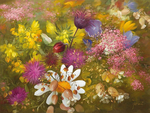 POTPOURRI OF FLOWERS II White Modern Wood Framed Art Print with Double Matting by Fasani