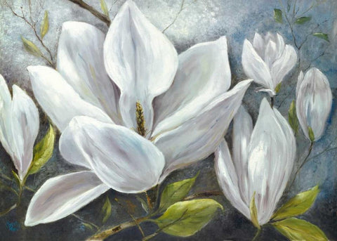 Tender Magnolias II White Modern Wood Framed Art Print with Double Matting by Field, Anna