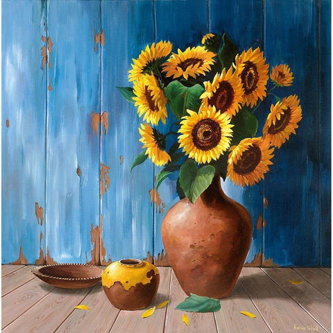 AGED WOOD AND SUNFLOWERS Gold Ornate Wood Framed Art Print with Double Matting by v.d. Valk, Karin