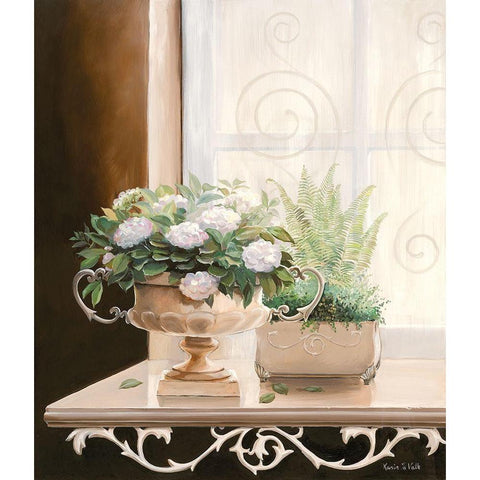 FLOWERS AT THE WINDOW I White Modern Wood Framed Art Print by v.d. Valk, Karin