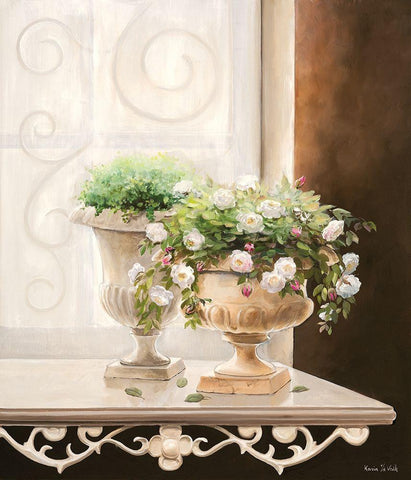 FLOWERS AT THE WINDOW II White Modern Wood Framed Art Print with Double Matting by v.d. Valk, Karin
