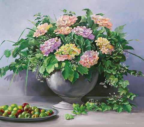 FLOWERS AND APPLES White Modern Wood Framed Art Print with Double Matting by v.d. Valk, Karin