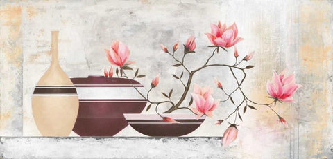 Pink Magnolias I White Modern Wood Framed Art Print with Double Matting by Sedalia, David