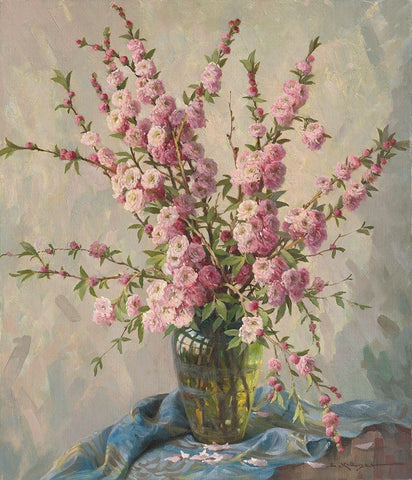 PINK CHERRY BLOSSOMS Black Ornate Wood Framed Art Print with Double Matting by Krueger, E.