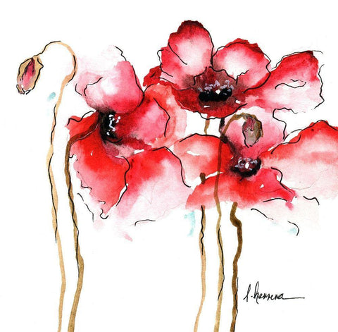 WATERCOLOR POPPIES I White Modern Wood Framed Art Print with Double Matting by Herrera, Leticia