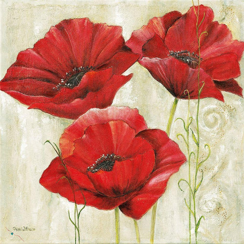 THREE RED POPPIES II Black Modern Wood Framed Art Print by Field, Anna