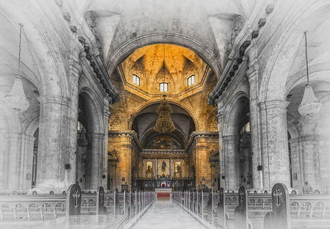 Church in Cuba Yellow Black Ornate Wood Framed Art Print with Double Matting by Kostka, Vladimir