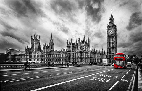 London Doubledecker White Modern Wood Framed Art Print with Double Matting by Kostka, Vladimir