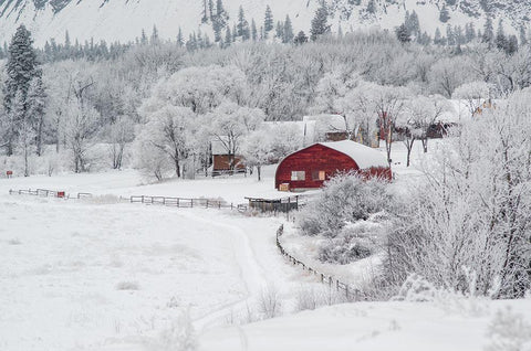Dreamy Winter Farm White Modern Wood Framed Art Print with Double Matting by Kostka, Vladimir