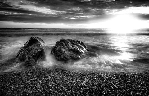 SUNSET OCEAN BW White Modern Wood Framed Art Print with Double Matting by Kostka, Vladimir