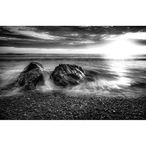 SUNSET OCEAN BW Black Modern Wood Framed Art Print by Kostka, Vladimir