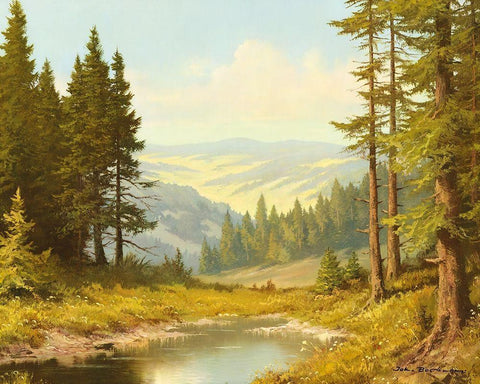 QUIET POND Black Ornate Wood Framed Art Print with Double Matting by Bochmann, Joh.