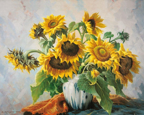 SUNFLOWERS White Modern Wood Framed Art Print with Double Matting by Krueger, E.