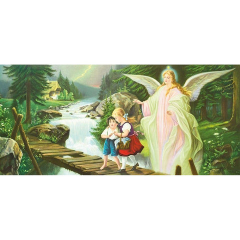 GUARDIAN ANGEL Gold Ornate Wood Framed Art Print with Double Matting by Lindberg