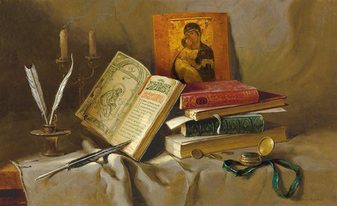 OLD BOOKS I White Modern Wood Framed Art Print with Double Matting by Belkovskij, Igor