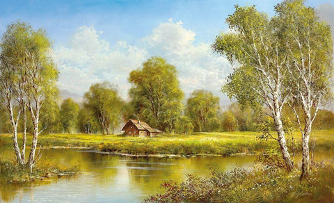 COTTAGE AT THE LAKE Black Ornate Wood Framed Art Print with Double Matting by Glassl, Helmut