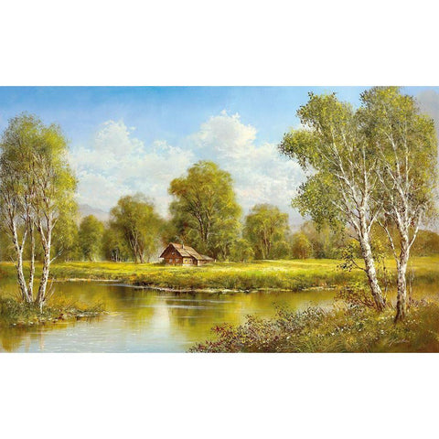 COTTAGE AT THE LAKE Gold Ornate Wood Framed Art Print with Double Matting by Glassl, Helmut