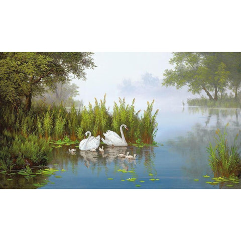 SWANS AT THE POND II Black Modern Wood Framed Art Print with Double Matting by Slava