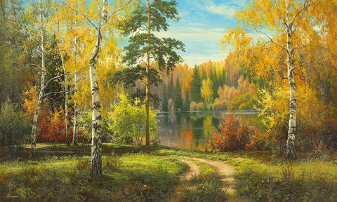 AUTUMN WAY White Modern Wood Framed Art Print with Double Matting by Priscepa, Igor