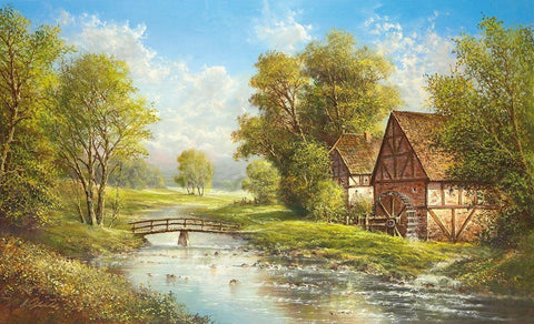 MILL AT THE RIVER White Modern Wood Framed Art Print with Double Matting by Glassl, Helmut