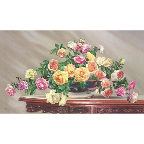 BOUQUET OF ROSES Gold Ornate Wood Framed Art Print with Double Matting by Buzin, Igor