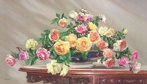 BOUQUET OF ROSES Black Ornate Wood Framed Art Print with Double Matting by Buzin, Igor