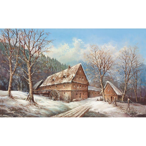 ROMANTIC MILL IN WINTER Black Modern Wood Framed Art Print with Double Matting by Glassl, Helmut