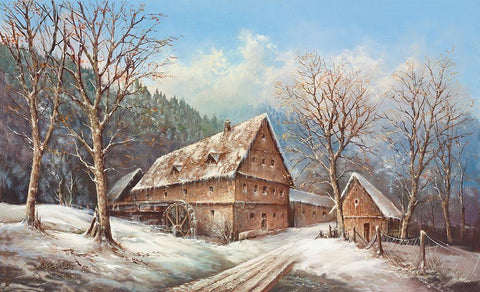 ROMANTIC MILL IN WINTER Black Ornate Wood Framed Art Print with Double Matting by Glassl, Helmut
